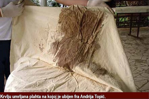 Plahta na kojoj je ubijen fra. Andrija Topić -još uvijek ostatci krvi vidljivi na njoj